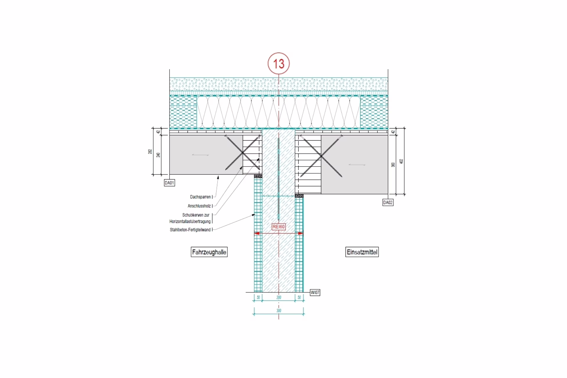 Detailansicht: Auflagerung Dachbauteile auf Stahlbeton-Fertigteilwand