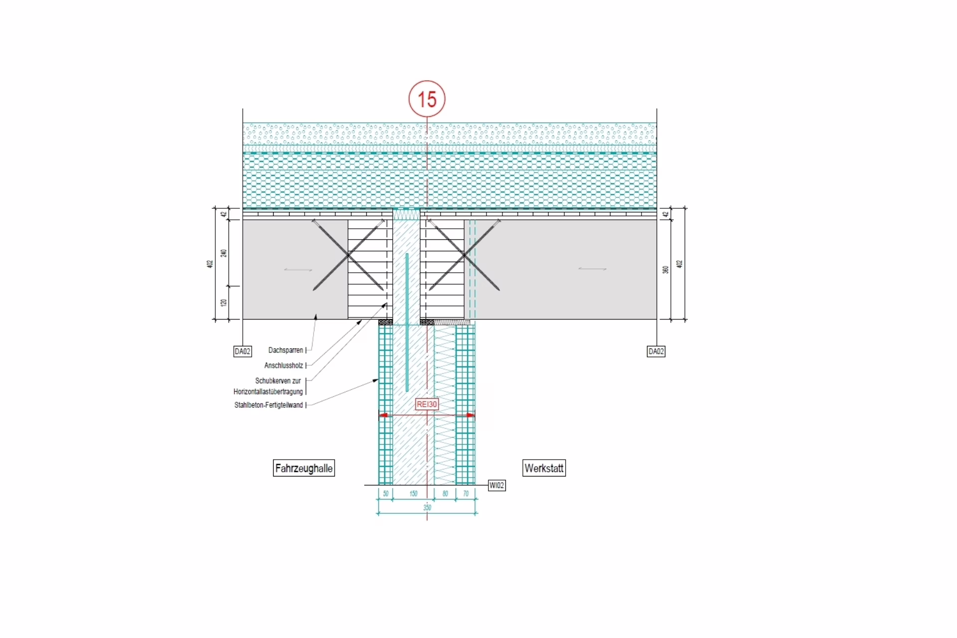 Detailansicht: Auflagerung Dachbauteile auf Stahlbeton-Fertigteilwand