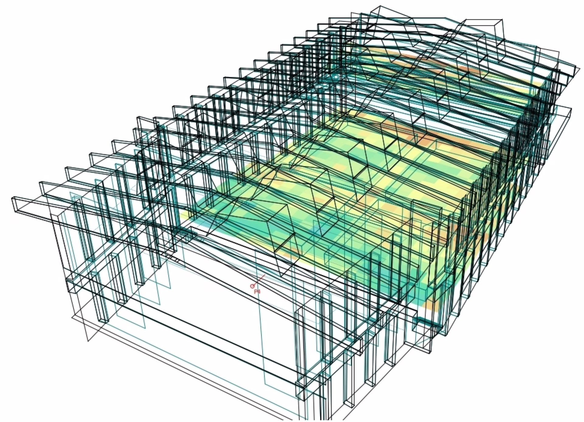 Wireframe 3D des Löwensaals mit der Verteilung des Deutlichkeit-Masses C80, fĂŒr die Nutzung Musik. Quelle: OdeonÂź. Dieser Parameter beschreibt die Erkennbarkeit zeitlich aufeinanderfolgender Töne und die Unterscheidbarkeit der verschiedenen Instrumente.