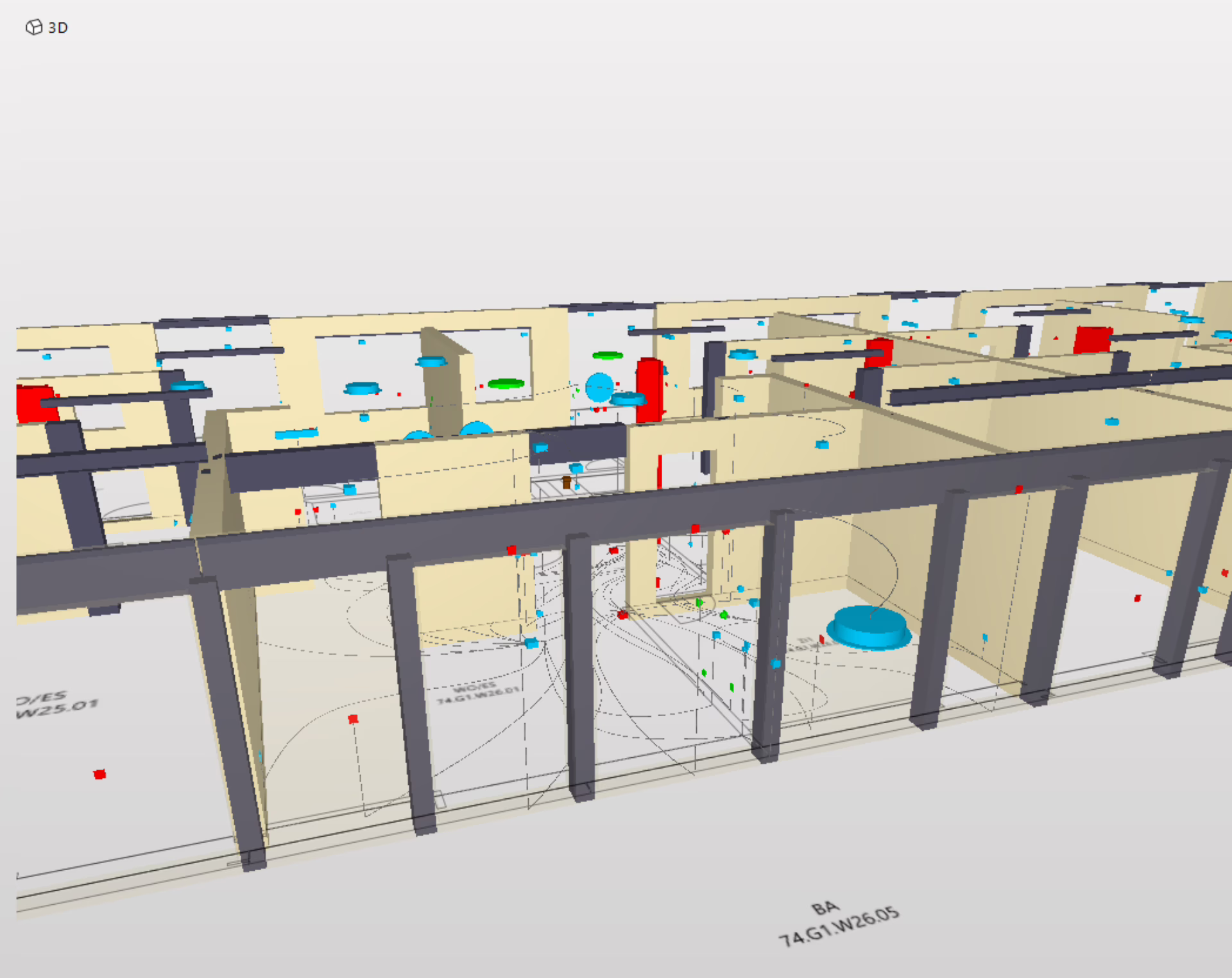 Hier ist die Koordination der Holzbau-Elementen mit dem Elektro- und HLS-Elementen abgebildet. So können wir intern die statisch und kollisonsrelevanten Bauteile ermitteln.