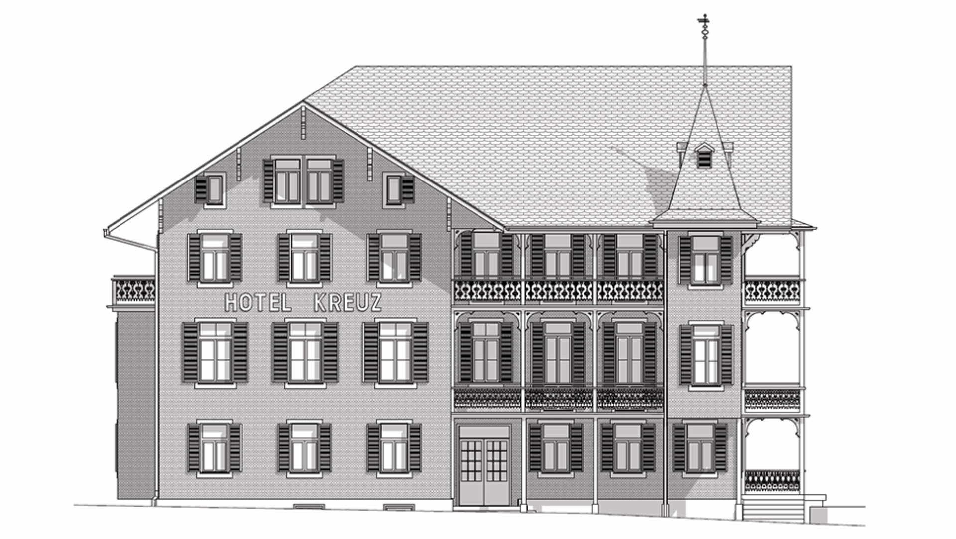 Hotel Kreuz in der Frontansicht. Schnitte: Baumeler Partner AG